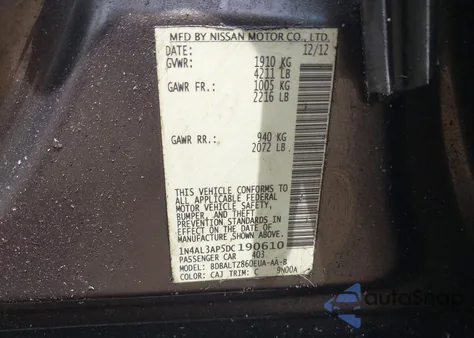 2013 Nissan Altima 2.5 Sv z USA, uszkodzony, nr VIN 1N4AL3AP5DC190610